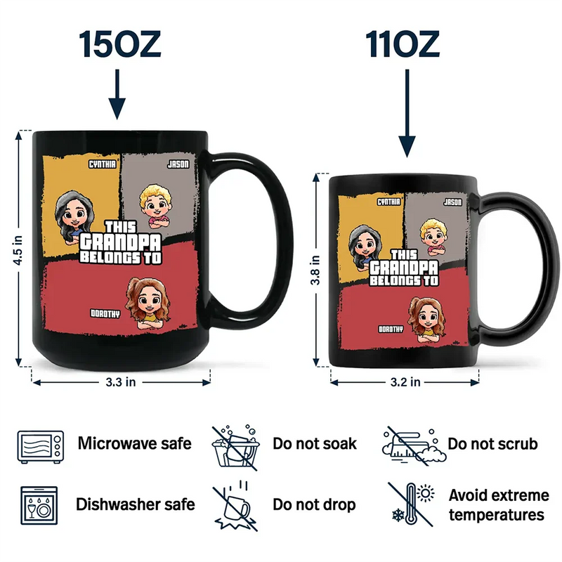 Gift For Grandpa, Gift For Grandparents, Funny - This Grandpa Belongs To Grandkids Pixel Fun Art - Personalized Black Mug