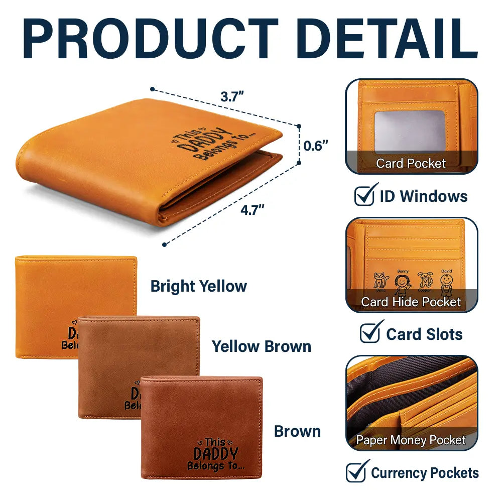 Gift For Grandpa, Gift For Father, Happy, ift For Men, Stick Figure - This Grandpa Dad Belongs To Kids Pet - Personalized Engraved Leather Wallet
