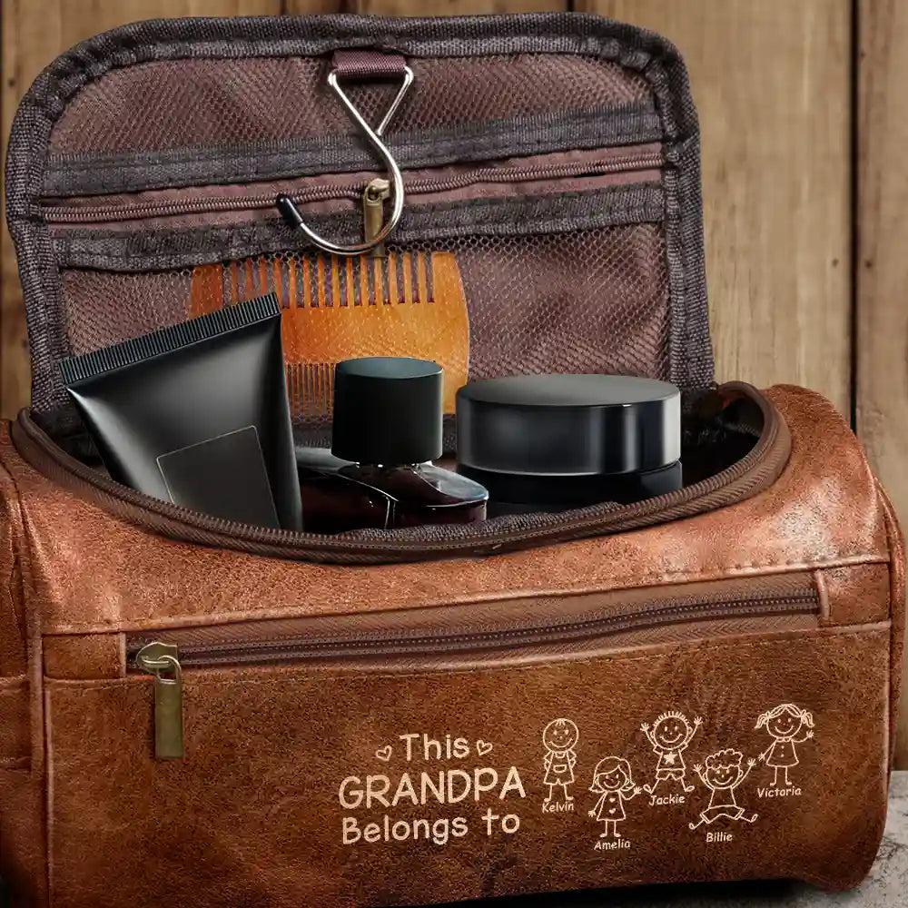 Gift For Grandpa,Gift For Father,Happy,Gift For Men,Stick Figure - This Grandpa Dad Belongs To Kids Pet - Personalized Leather Toiletry Bag