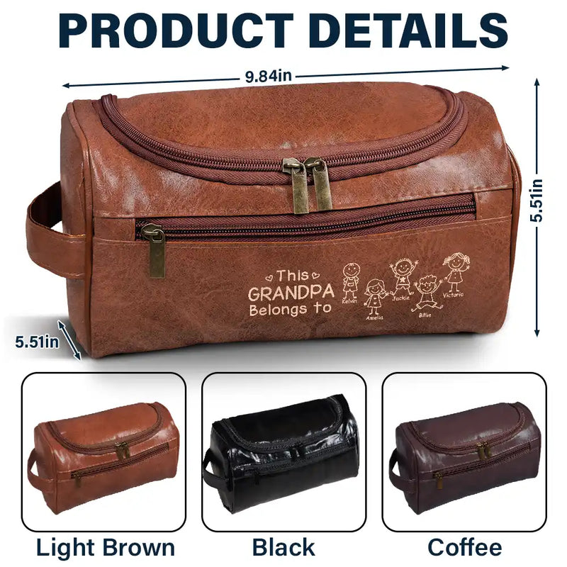 Gift For Grandpa,Gift For Father,Happy,Gift For Men,Stick Figure - This Grandpa Dad Belongs To Kids Pet - Personalized Leather Toiletry Bag