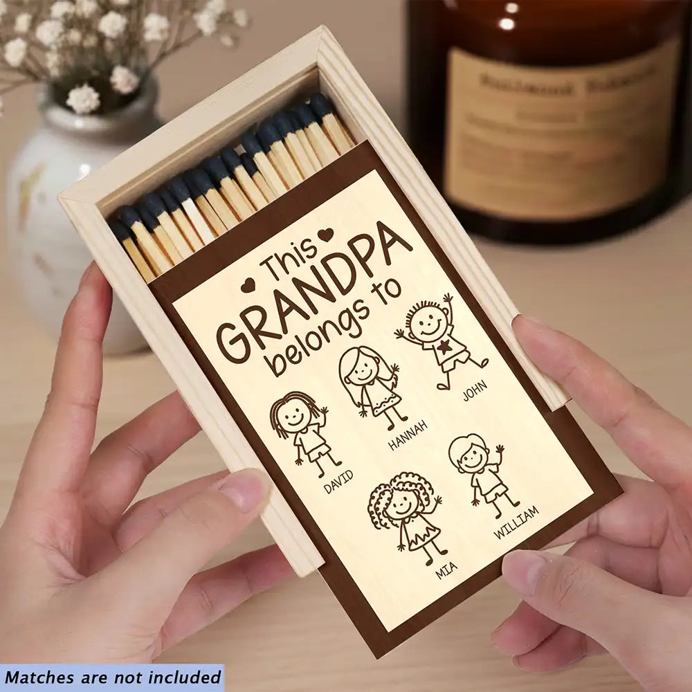Grandpa,Grandkids,Dad,Sons,Gift For Grandpa,Gift For Father,Stick Figure - This Grandpa Dad Belongs To Kids Stick Figure - Personalized Wooden Matchbox