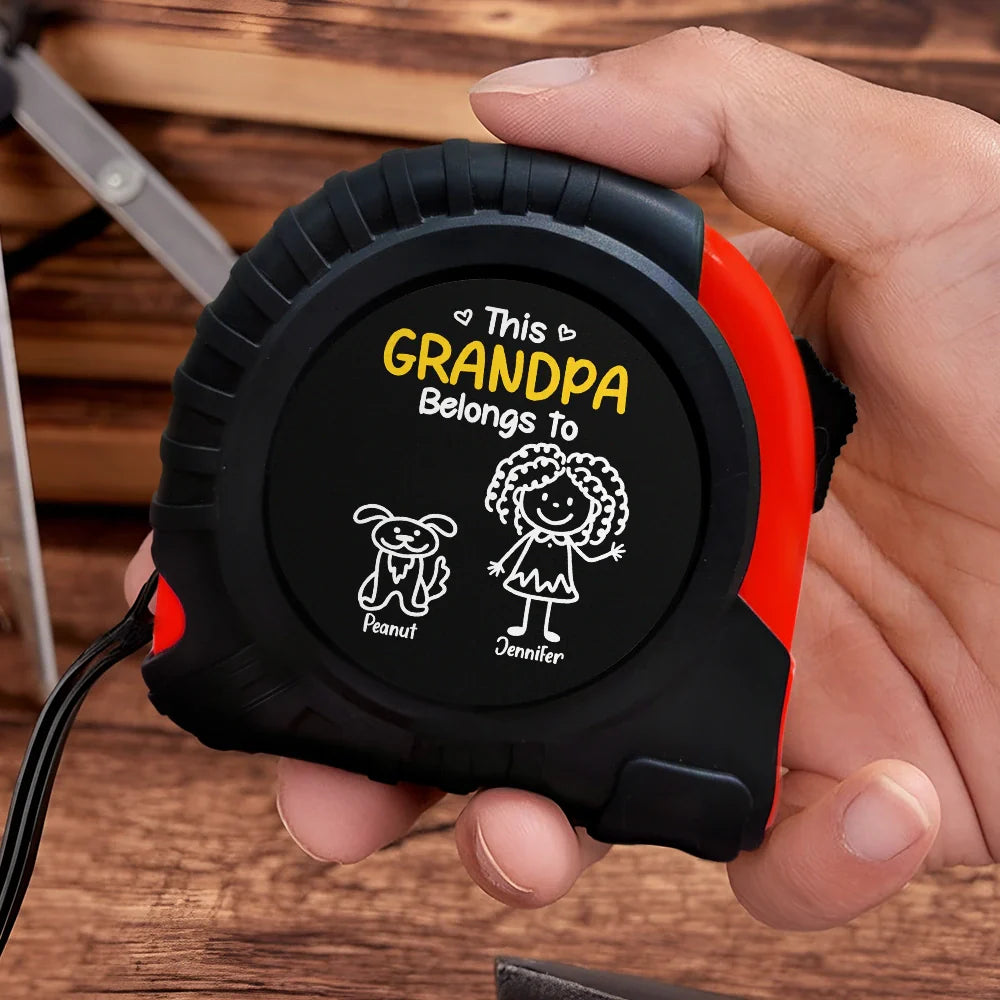 Gift For Grandpa, Gift For Father, Happy, Gift For Men, Stick Figure - This Grandpa Daddy Belongs To Kids Pet - Personalized Tape Measure