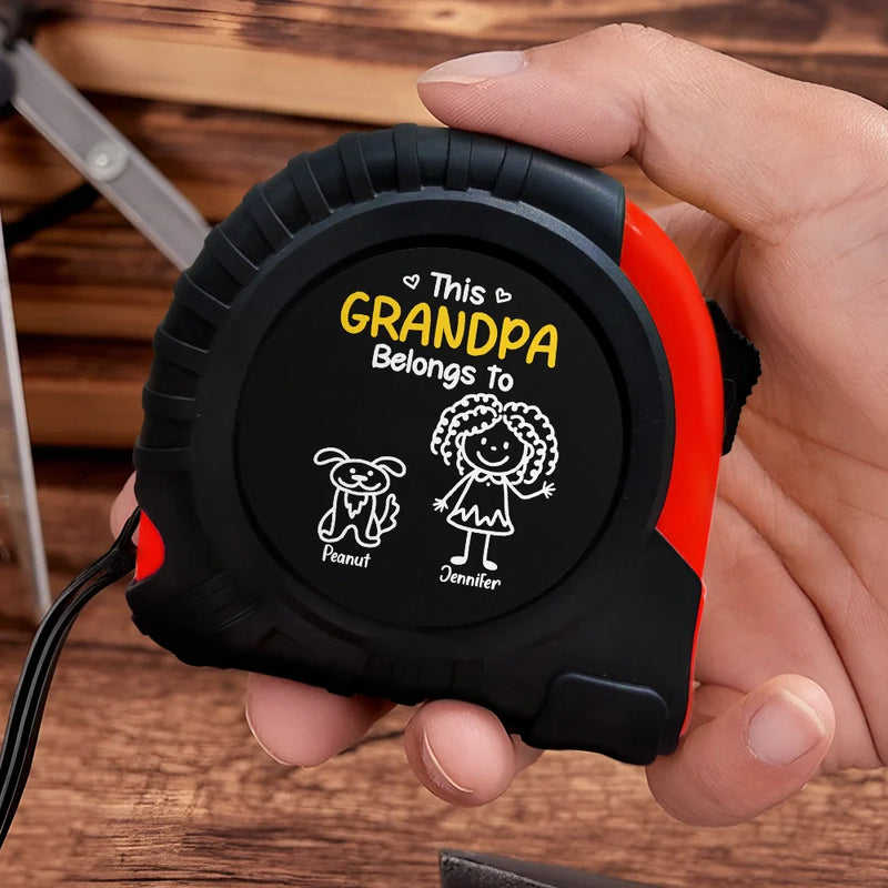 Gift For Grandpa, Gift For Father, Happy, Gift For Men, Stick Figure - This Grandpa Daddy Belongs To Kids Pet - Personalized Tape Measure