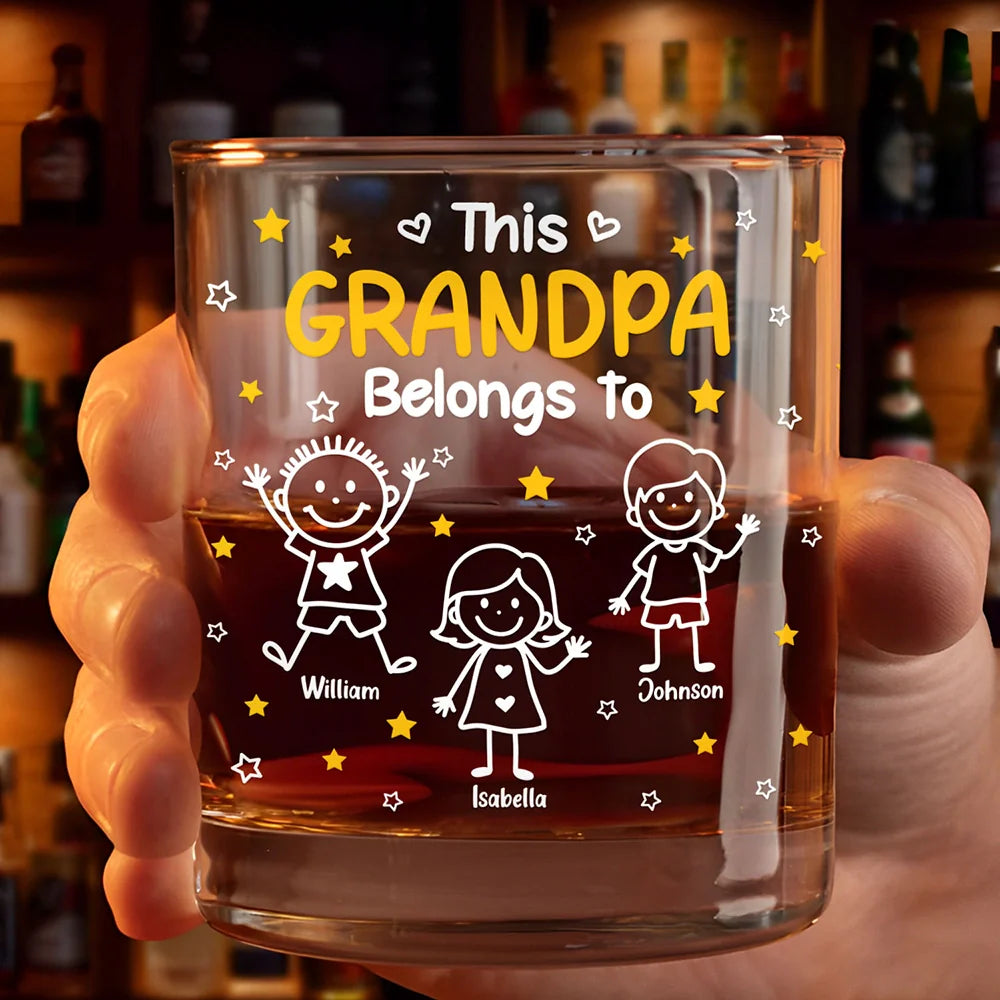 This Grandpa Daddy Belongs To Kids Pet - Personalized Whiskey Glass