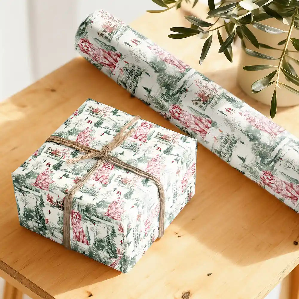 Pet Lovers, Happy - Toile De Jouy Dog Cat Winter Town - Personalized Wrapping Paper