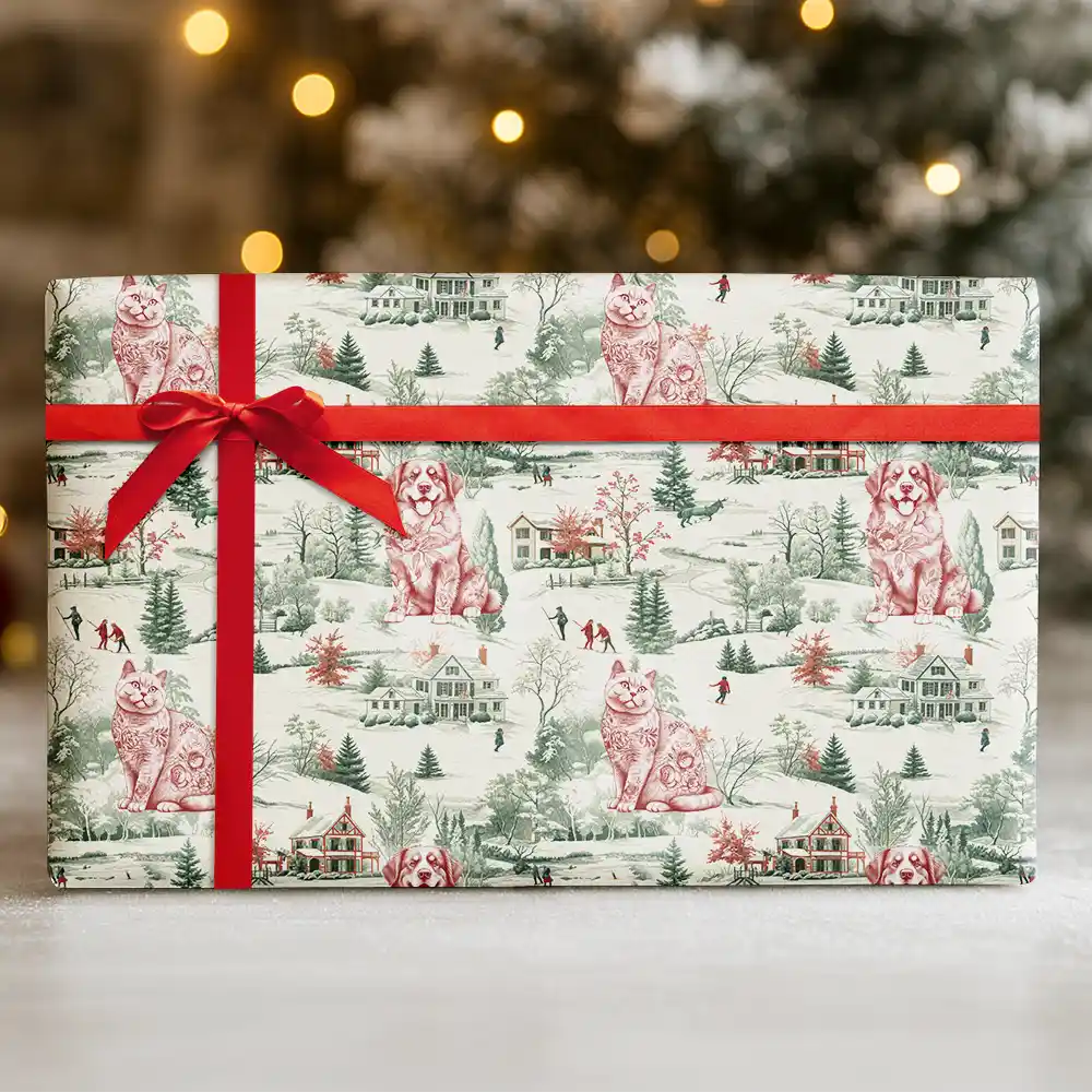 Pet Lovers, Happy - Toile De Jouy Dog Cat Winter Town - Personalized Wrapping Paper