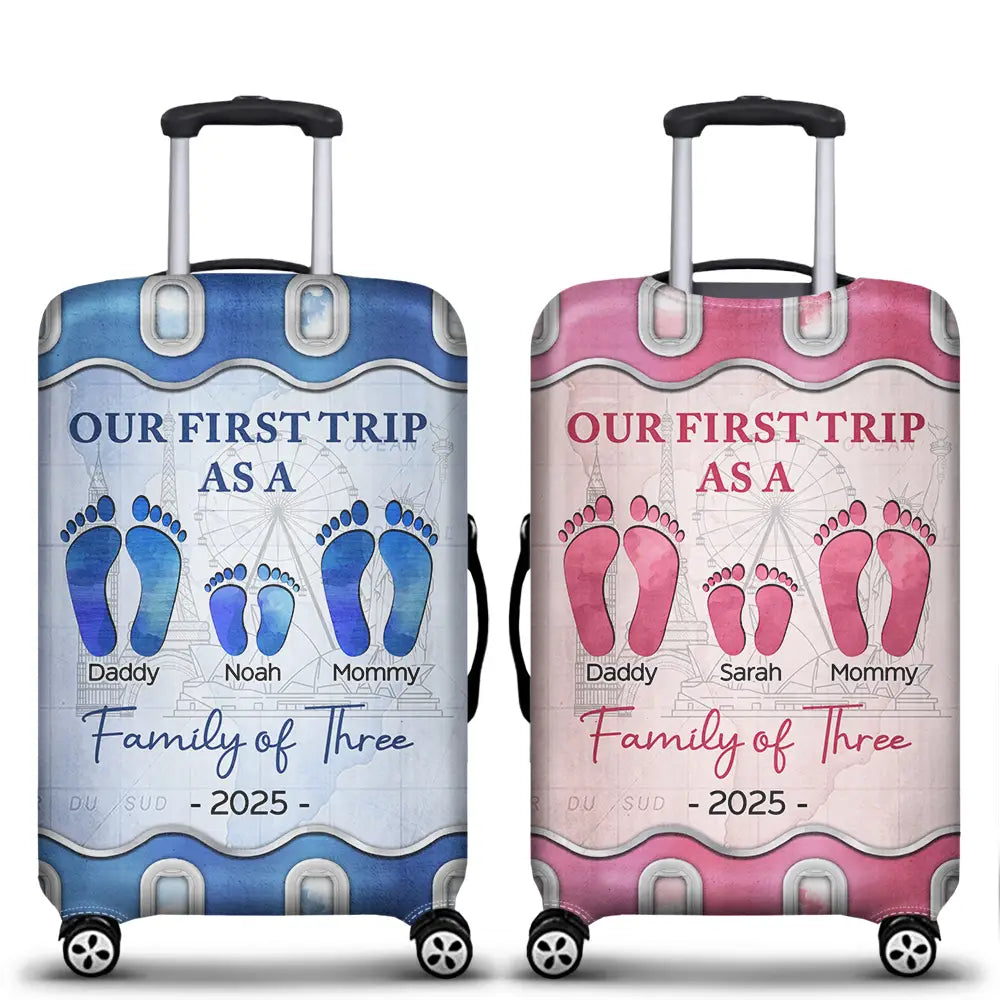 Travel Our First Trip As A Family Of Four Footprints - Personalized Luggage Cover