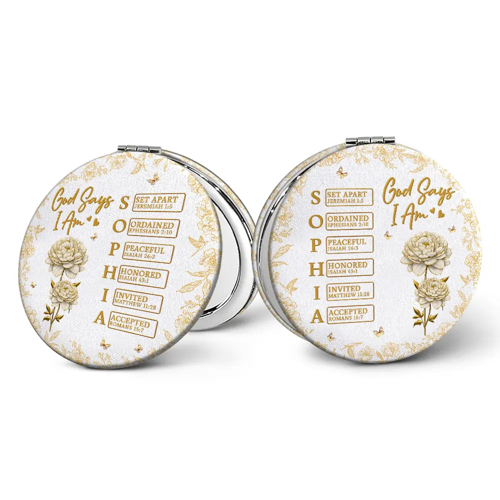 God Says I Am Birth Flower 3D Effect Name Letter In Bible - Personalized Circle Compact Mirror