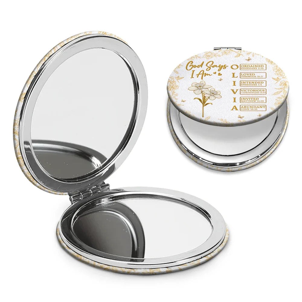 Gift For Yourself,Gift For Women,Happy,Gift For Men - God Says I Am Birth Flower 3D Effect Name Letter In Bible - Personalized Circle Compact Mirror
