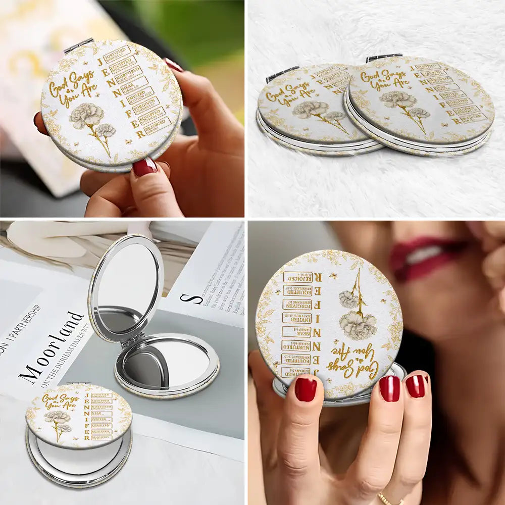 Gift For Yourself,Gift For Women,Happy,Gift For Men - God Says I Am Birth Flower 3D Effect Name Letter In Bible - Personalized Circle Compact Mirror