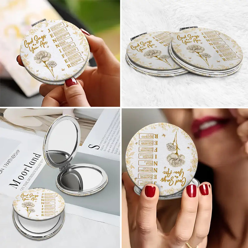 Gift For Yourself,Gift For Women,Happy,Gift For Men - God Says I Am Birth Flower 3D Effect Name Letter In Bible - Personalized Circle Compact Mirror