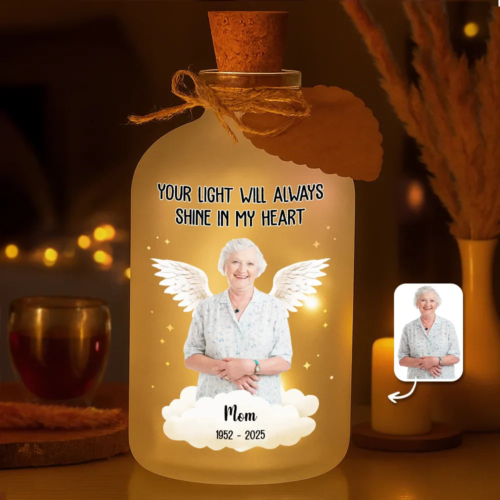 Family, Pet Lovers, Pet Mom, Pet Dad, Pet Couple, Dog Lovers, Dog Mom, Dog Dad, Dog Couple, Cat Lovers, Cat Mom, Cat Dad, Cat Couple, Memorial, Sad - Custom Photo Memorial Your Light Will Always Shine In My Heart - Personalized Short Bottle Light