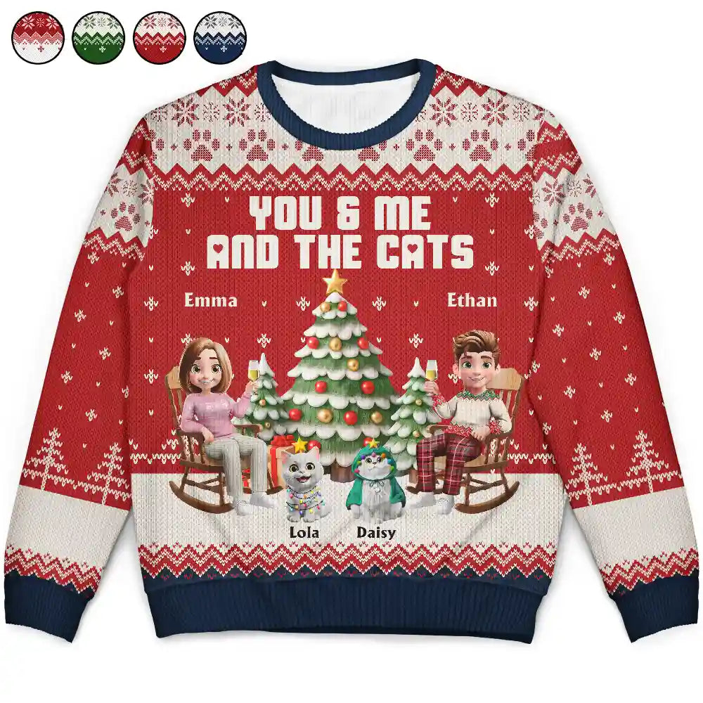 You & Me And The Cat 3D Effect Couple - Personalized Unisex Ugly Sweater
