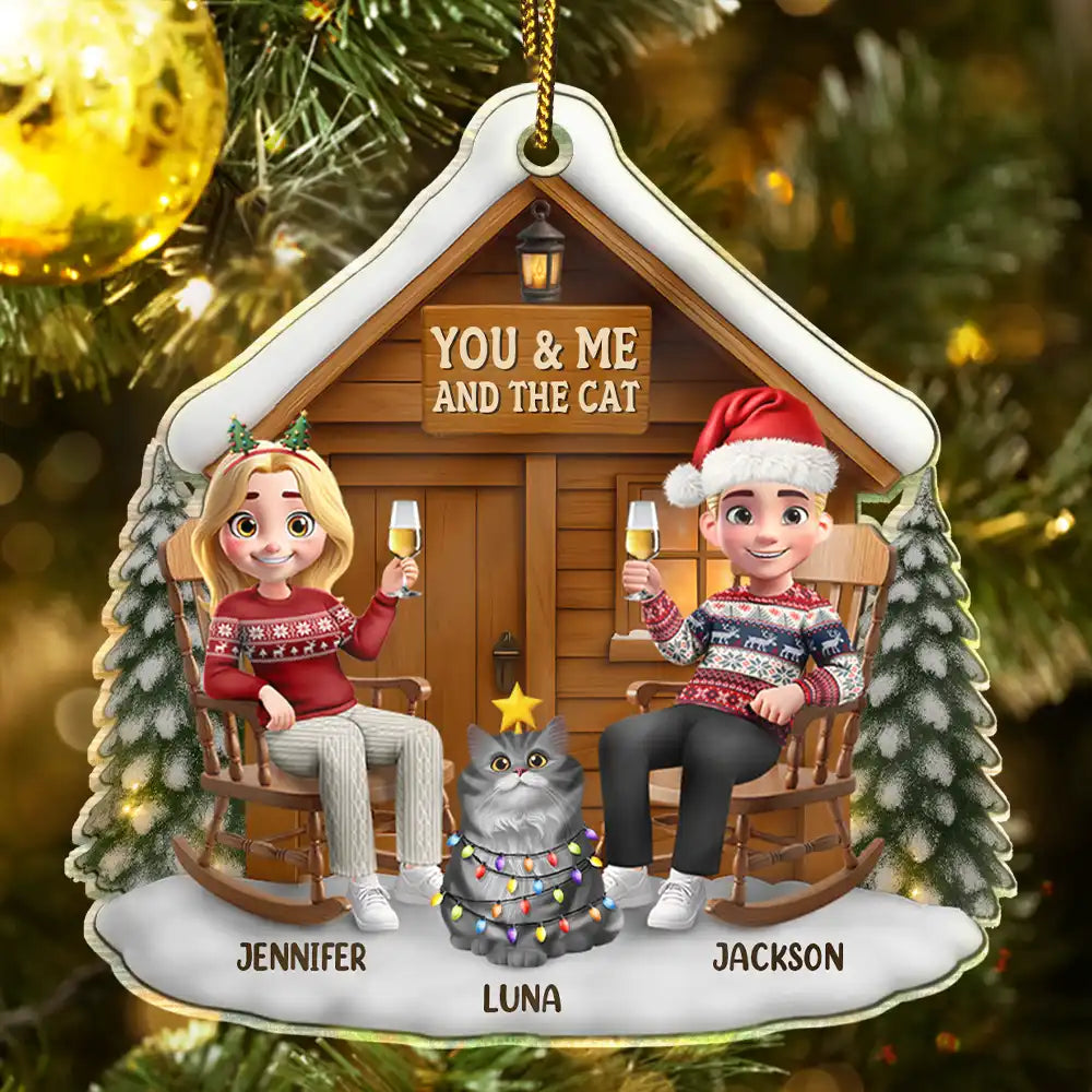 Pet Couple,Cat Couple,Cat Lovers,Pet Lovers,Christmas,Happy - You & Me And The Cat 3D Effect Couple - Personalized Custom Shaped Acrylic Ornament