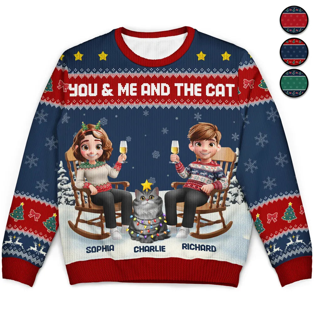 You & Me And The Cat Happy 3D Effect Couple - Personalized Unisex Ugly Sweater